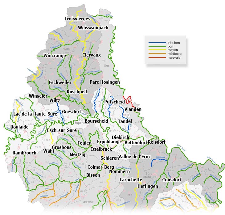 Karte der Qualität der Wasserläufe in Bezug auf das SIDEN-Netz